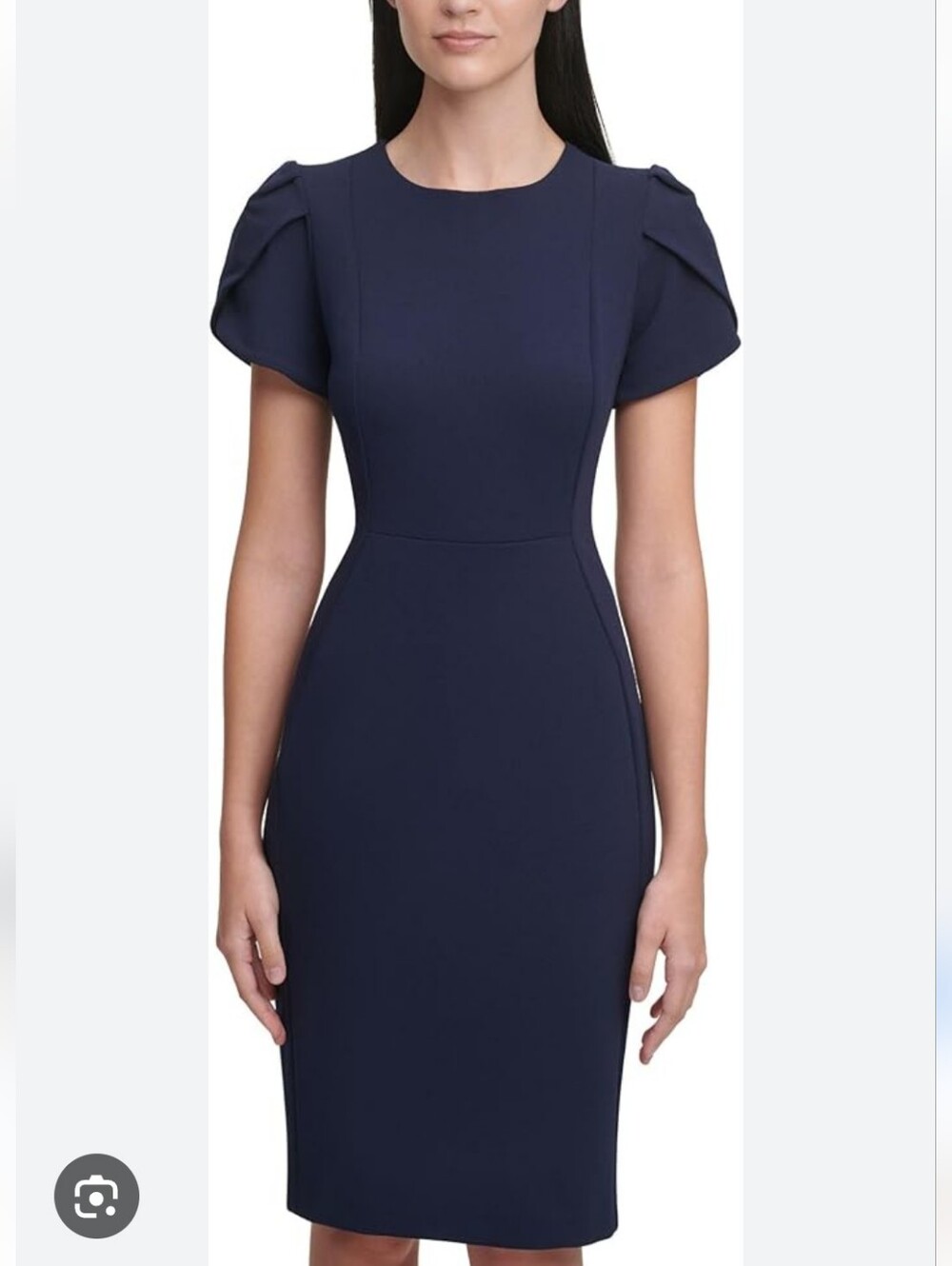 Calvin Klein Navy Midi Tulip Sheath Dress with Puff Short Sleeves With Pads